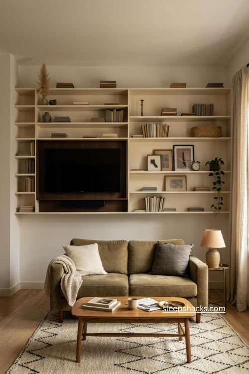 Small apartment living room with camouflaged tv styled media wall and open shelving 