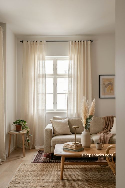 Small apartment living room with ceiling height curtains and bright neutral decor 