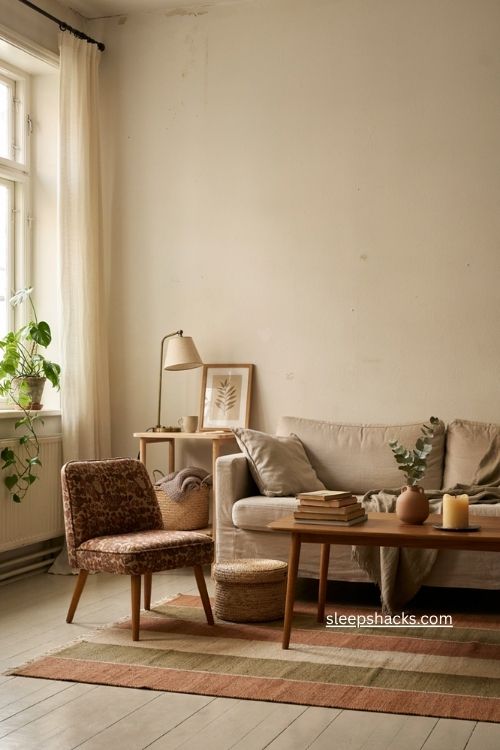 Small apartment living room with colorful accent chair neutral sofa and cozy seating 
