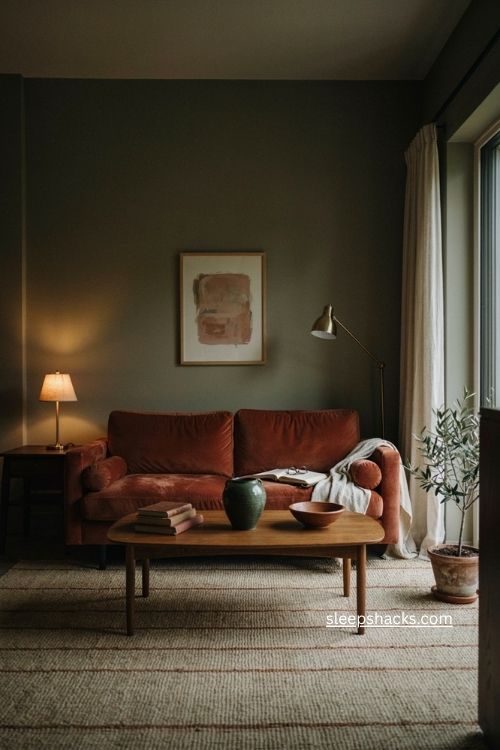 Small apartment living room with dark olive walls colorful sofa and warm lighting 