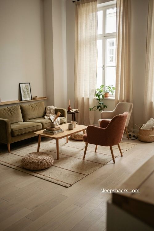 Small apartment living room with loveseat armchairs and flexible pouf seating 