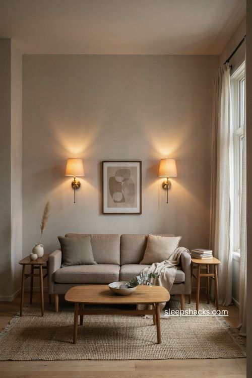 Small apartment living room with matching wall sconces beside sofa and warm evening light 