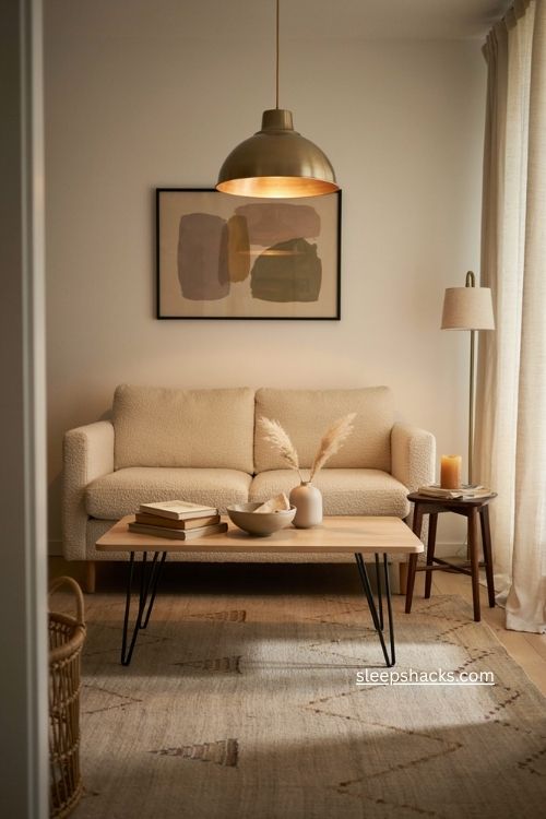 Small apartment living room with oversized pendant light and cozy elevated decor 