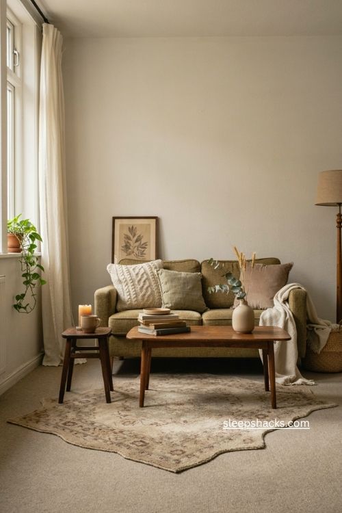 Small apartment living room with textured rug layered over existing carpet 