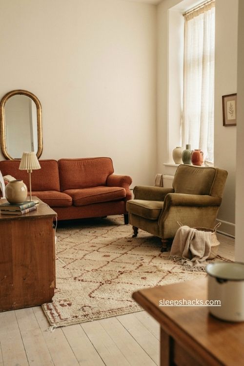 A wide-angle eye-level view of a compact apartment living room with a small vintage-style bar cart tucked neatly into an unused corner, creating a functional decorative moment without taking up valuable floor space, relaxed eclectic apartment styling with mid-century and vintage influences, warm cream, soft beige, muted taupe, aged walnut, dusty olive, and subtle brass tones, a slim rolling bar cart with neatly arranged glassware, decorative bottles, stacked books, a small leafy plant, ceramic accessories, and a few collected objects, a simple round mirror and small framed artwork without visible writing hanging above the cart, comfortable sofa nearby, textured woven rug, modest coffee table, worn wood surfaces, and understated mismatched details that make the space feel naturally assembled over time, soft afternoon window light gently illuminating the cart and surrounding corner with warm reflections and quiet shadows, soft colors that change the mood instantly, old textures that add warmth and depth, simple details that create lasting charm, a small apartment living room that feels polished yet personal, functional yet cozy, with a subtle grown-up character created through one thoughtful corner, no people, no text, no watermarks, no blur, no bokeh, all surfaces in sharp focus, photorealistic, 4K resolution, editorial interior photography, Pinterest-worthy 