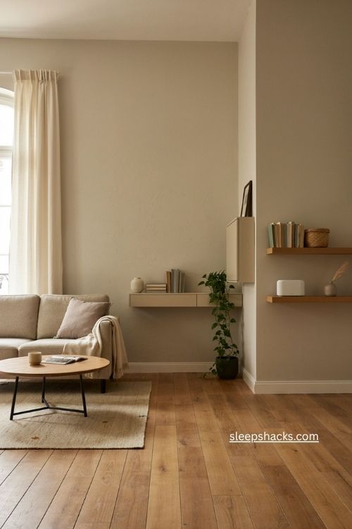 Small apartment living room with wall mounted storage floating console and open floor space 