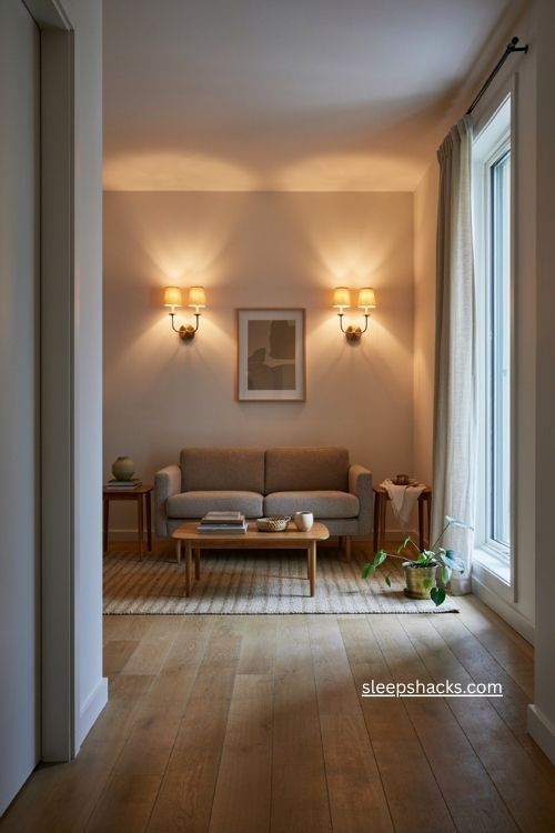 Small apartment living room with wall sconces beside sofa and cozy ambient lighting 