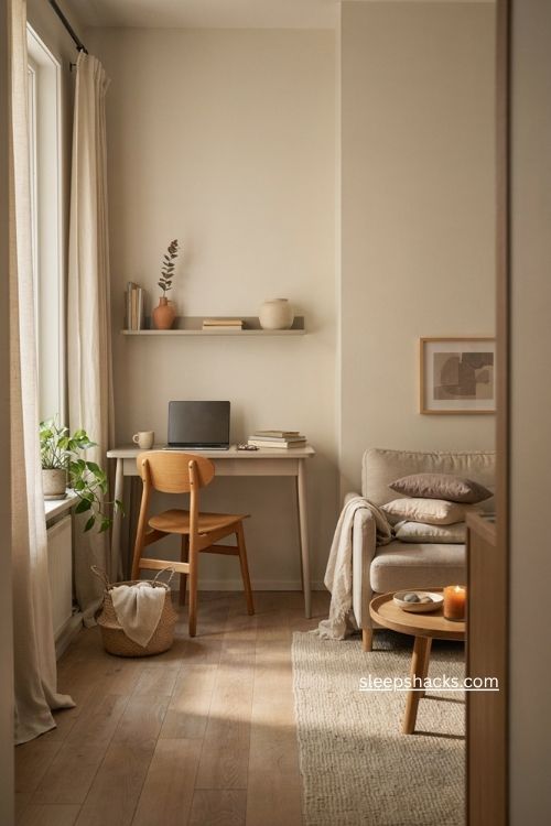 Small apartment living room work nook with slim desk and floating shelf storage 