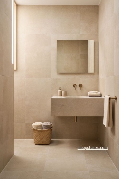 Small beige bathroom with large format floor and wall tiles