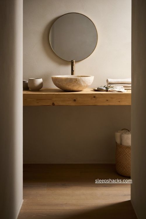 Small beige bathroom with stone countertop basin and brass faucet