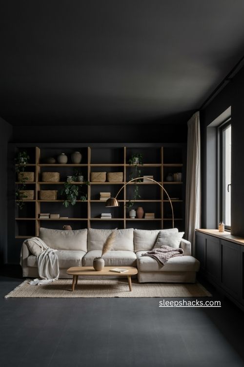 Small black living room with dark walls ceiling light sectional and open shelving 