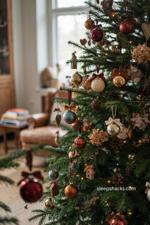 Small brown ribbon bows on colorful Christmas ornaments for a cohesive tree
