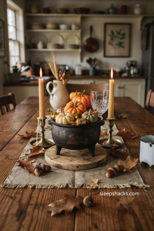 Small cast iron cauldron centerpiece with pumpkins and autumn leaves 