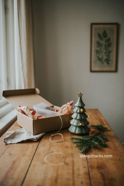 Small ceramic christmas tree gift with vintage holiday nostalgia and cozy wrapping 