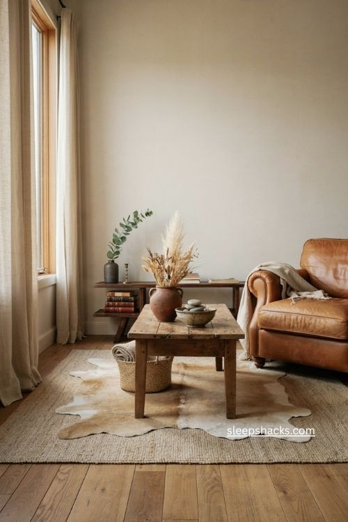Small cowhide accent layered over neutral rug in a cozy western living room
