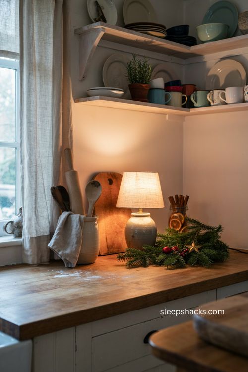 Small cozy countertop lamp glowing beside Christmas decor in a warm kitchen 