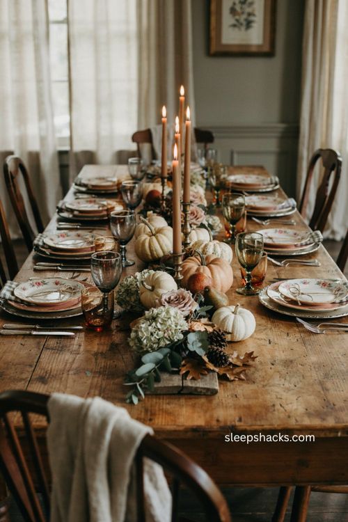 Small cream heirloom pumpkins scattered across vintage thanksgiving table 