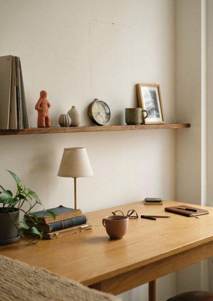 Small curated shelf display with vintage records and meaningful office decor