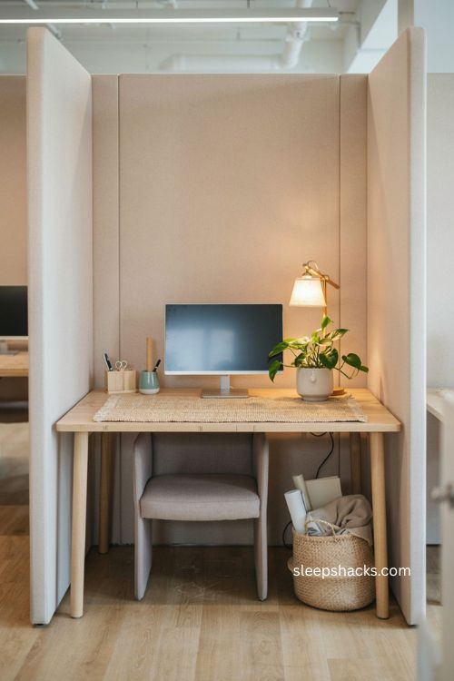 Small desk plant office decor with ceramic planter cozy neutral cubicle and warm lighting
