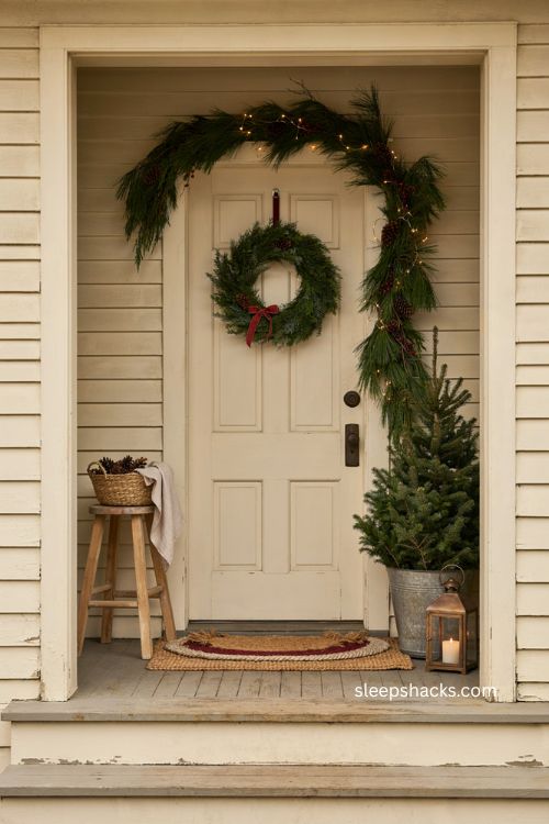 Small front porch Christmas decor with asymmetrical garland and balanced farmhouse styling 