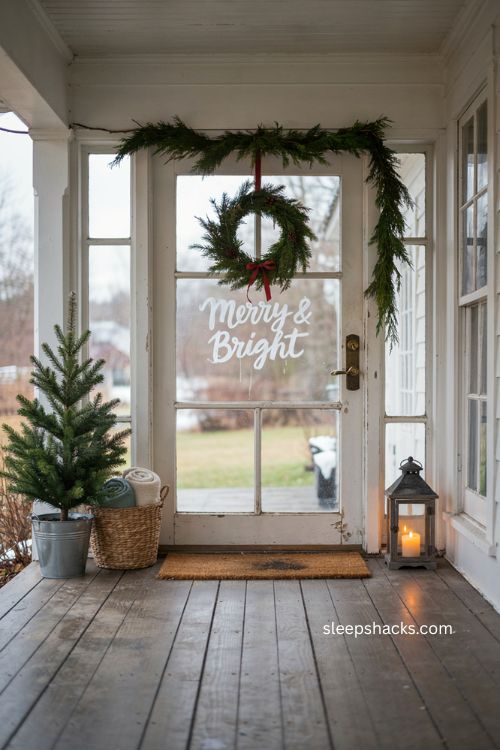 Small front porch Christmas decor with hand painted glass door holiday greeting