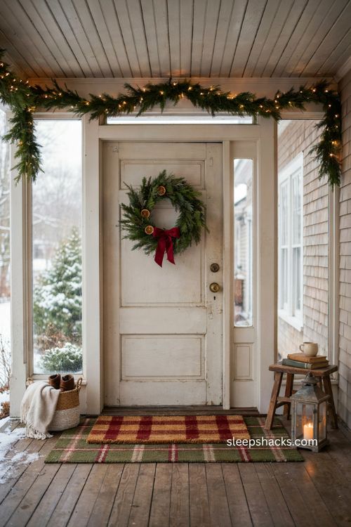 Small front porch Christmas decor with layered plaid rug and cozy doormat entryway 