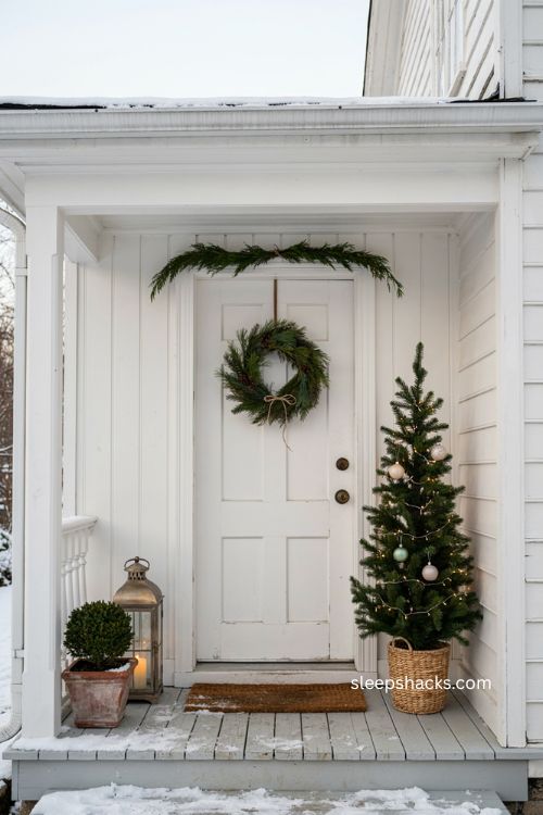 Small front porch Christmas decor with mini tree in woven basket and cozy farmhouse entryway 