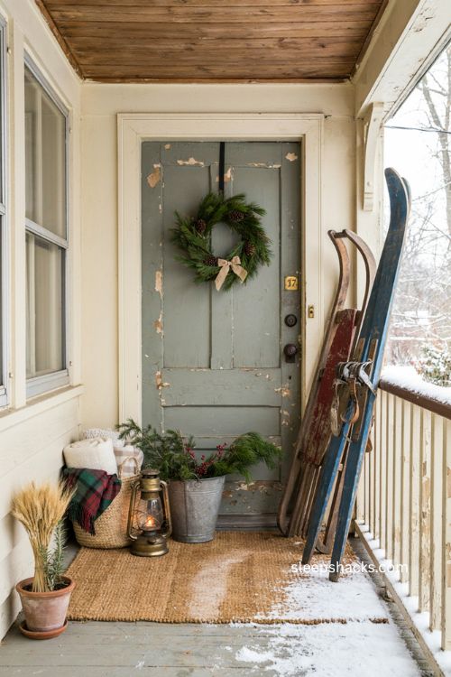 Small front porch Christmas decor with vintage sled galvanized bucket and repurposed greenery 