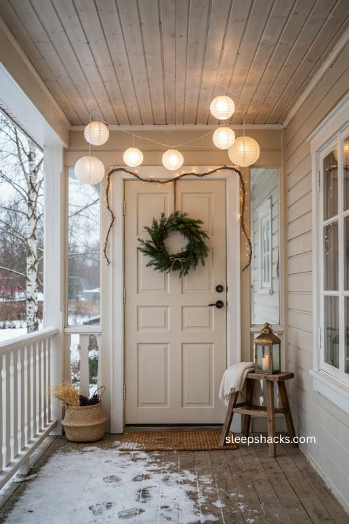 Small front porch Christmas decor with warm white paper lantern string lights 