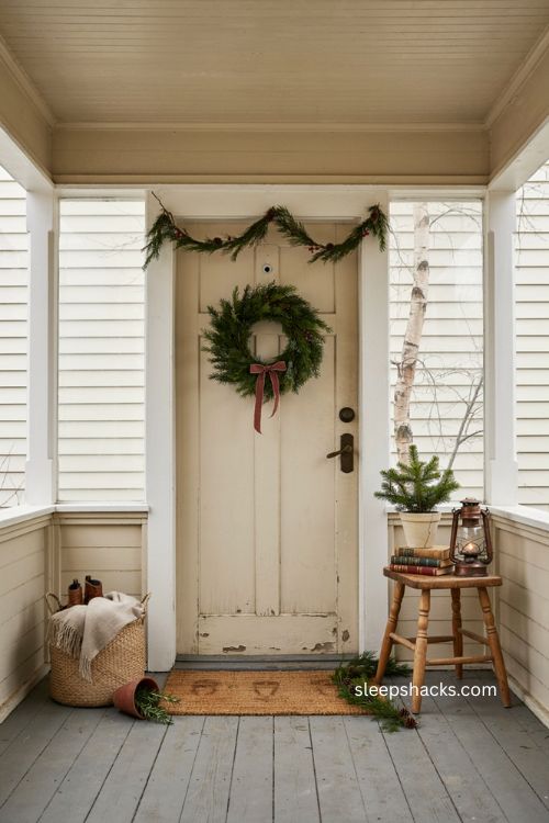 Small front porch Christmas decor with wooden stool holiday display and rustic farmhouse charm 