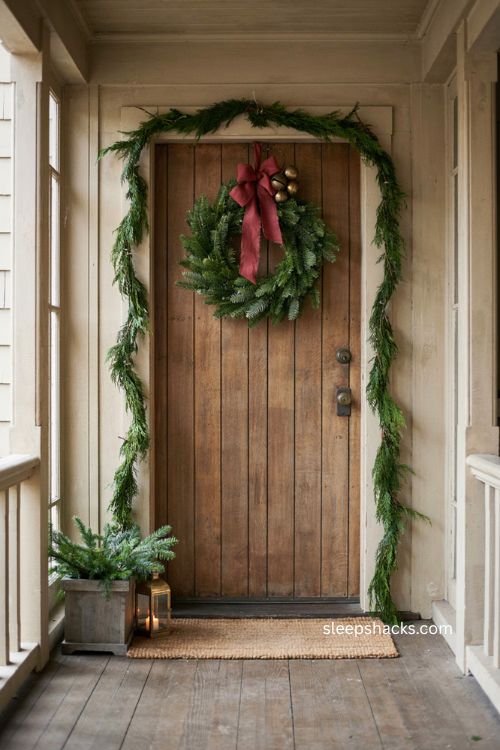 Small front porch Christmas decor with wreath garland bells and red bow 