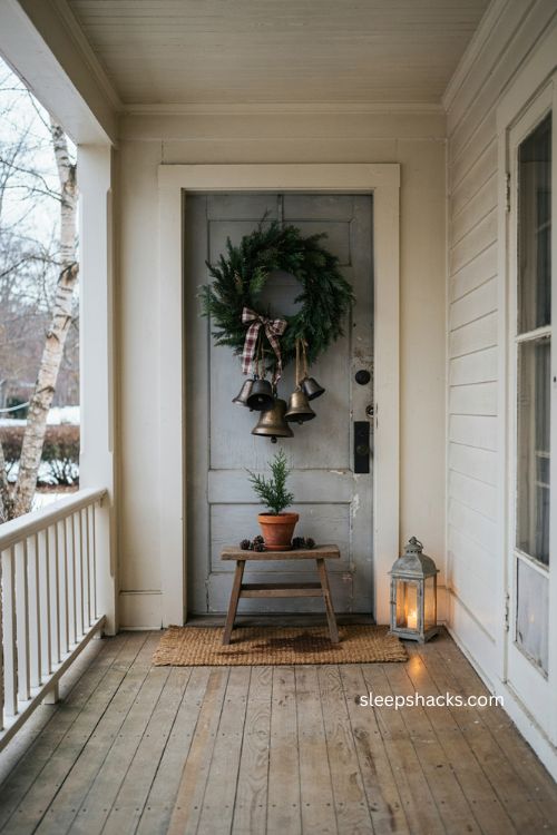 Small front porch Christmas wreath with rustic bronze bells and farmhouse greenery 