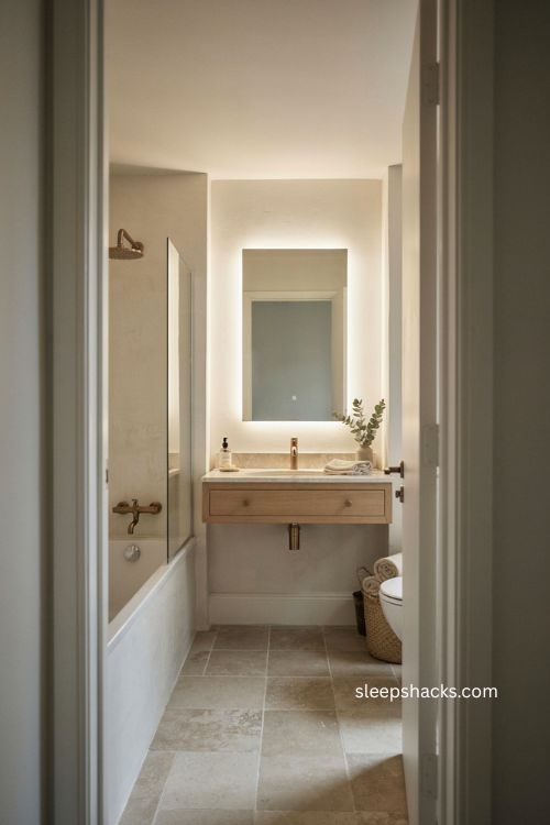 Small full bathroom with backlit medicine cabinet mirror hidden storage and soft lighting 