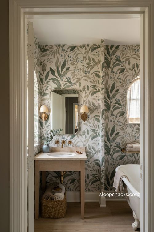 Small full bathroom with bold botanical wallpaper white trim and simple vanity
