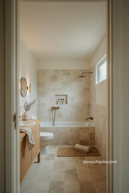 Small full bathroom with built in shower niche matching wall tile and compact tub 
