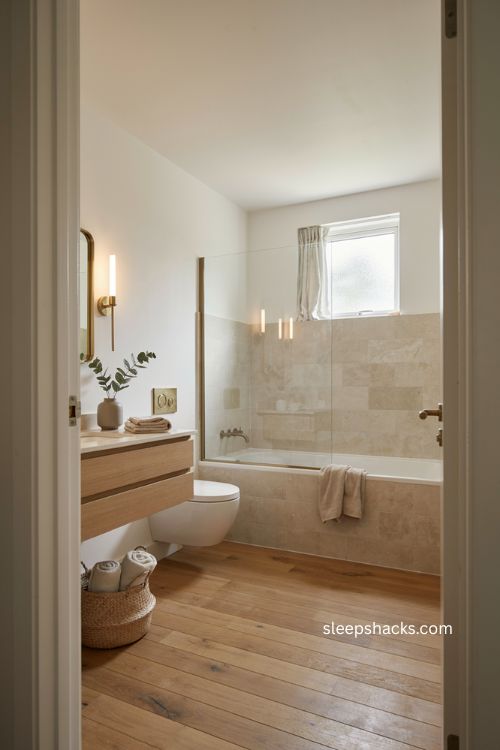 Small full bathroom with clear glass shower divider open sightlines and compact tub 
