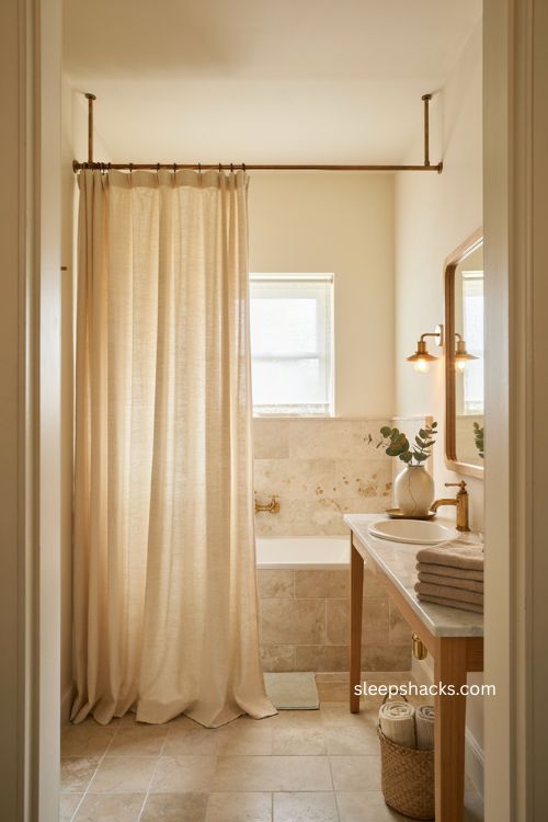 Small full bathroom with extra tall shower curtain and soft linen fabric