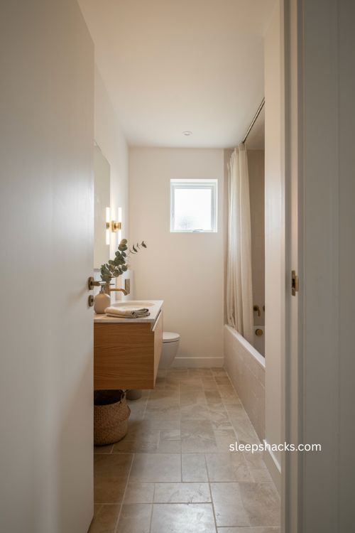 Small full bathroom with floating vanity slim mirror and open floor space 
