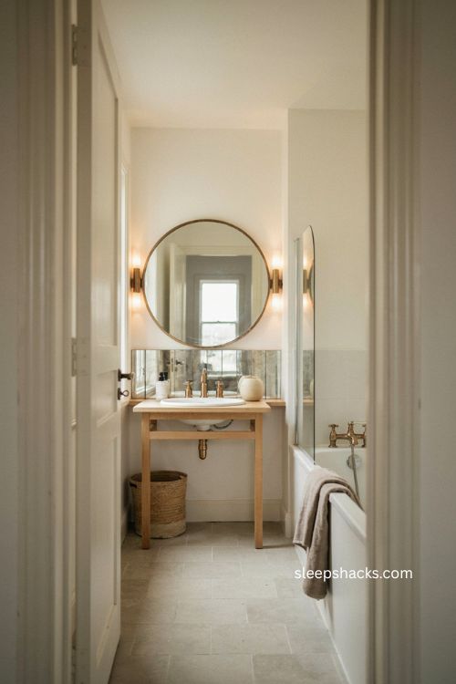 Small full bathroom with large round mirror mirrored backsplash and natural light