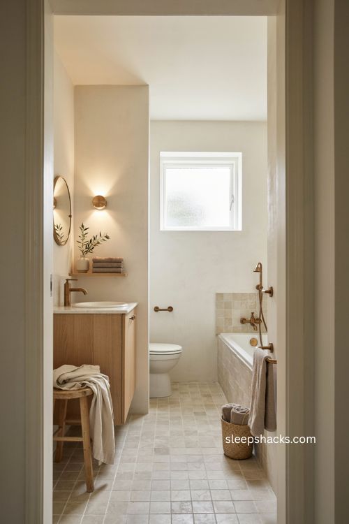 Small full bathroom with matching brass fixtures faucet towel bar mirror and lighting 