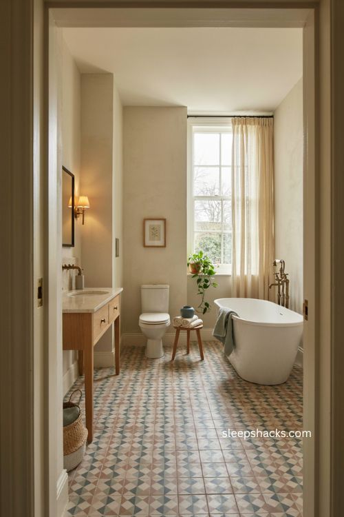 Small full bathroom with petite soaking tub patterned floor tile and window