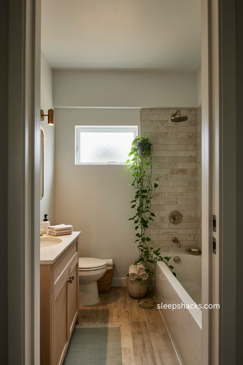 Small full bathroom with tall trailing plant beside tub and natural green accents 