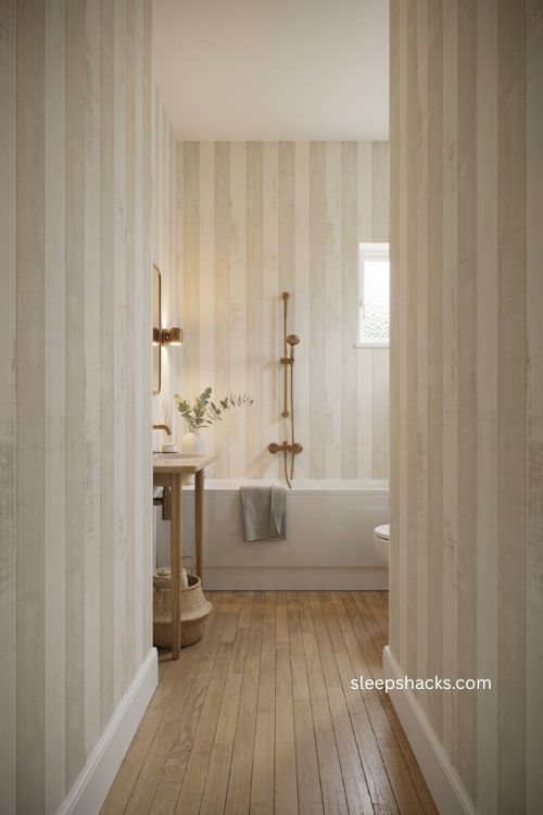 Small full bathroom with vertical striped walls that make the ceiling look taller 