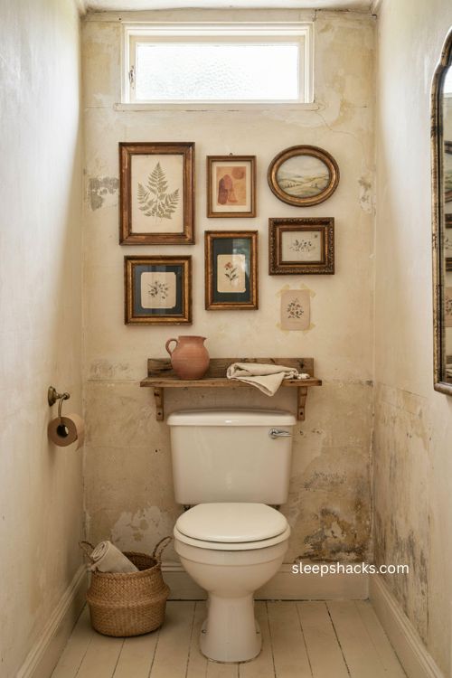 Small gallery wall above toilet with vintage frames and cozy water closet decor
