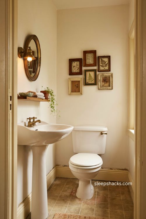 Small gallery wall half bathroom ideas with vintage frames