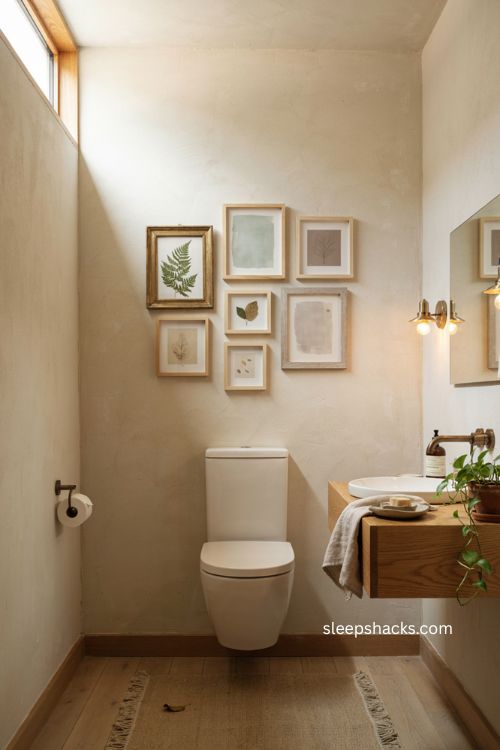 Small gallery wall ideas above the toilet for a cozy toilet room 