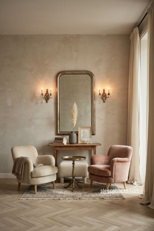 Small glam living room with classic crystal wall sconces and ornate mirror 