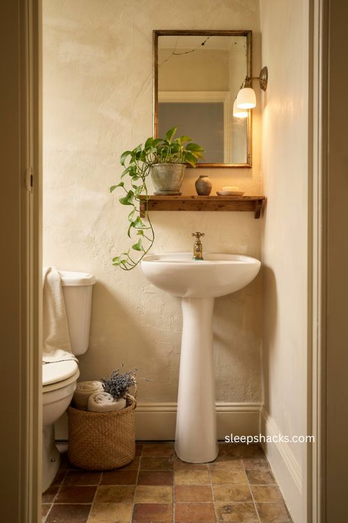Small half bathroom ideas with pothos plant and floating shelf