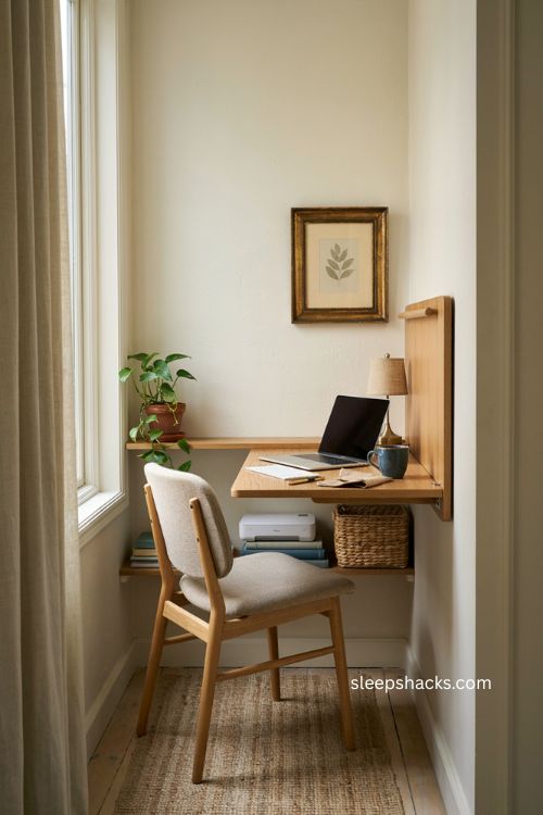 Small home office setup with compact desk and narrow workspace 