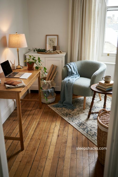 Small home office setup with defined work reading and craft zones 